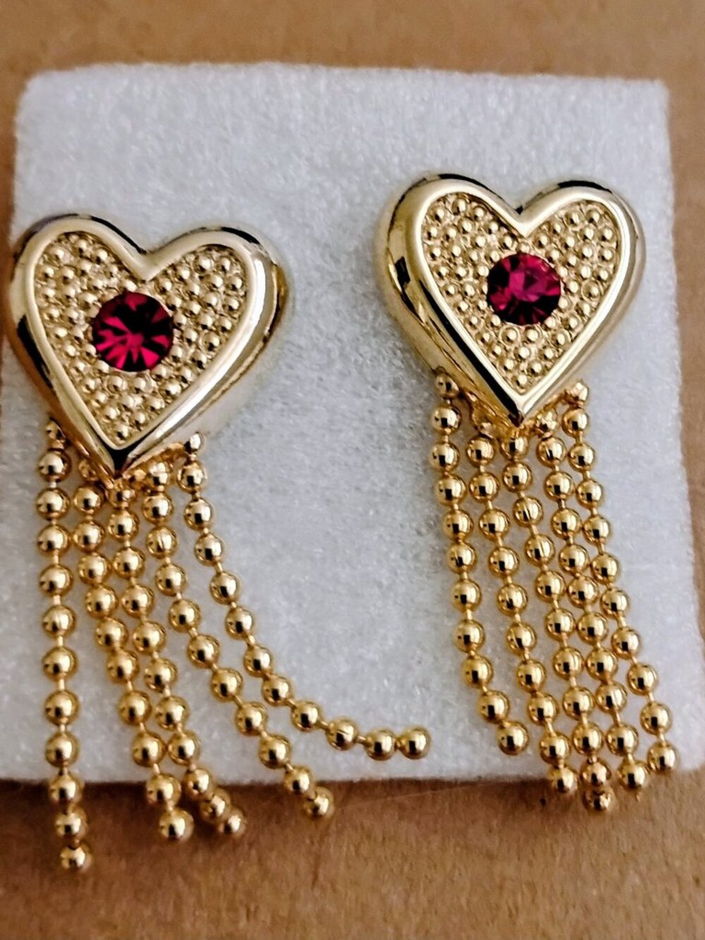 Vintage Red Rhinestone Tassel Heart Earrings